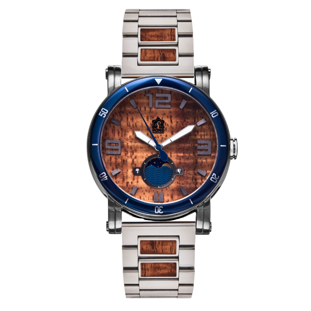 waterman Koa face watch in silver stainless steel showing the design details of water design moon-phase, paddle shaped second hand, sailing winch crown, stainless steel and koa band