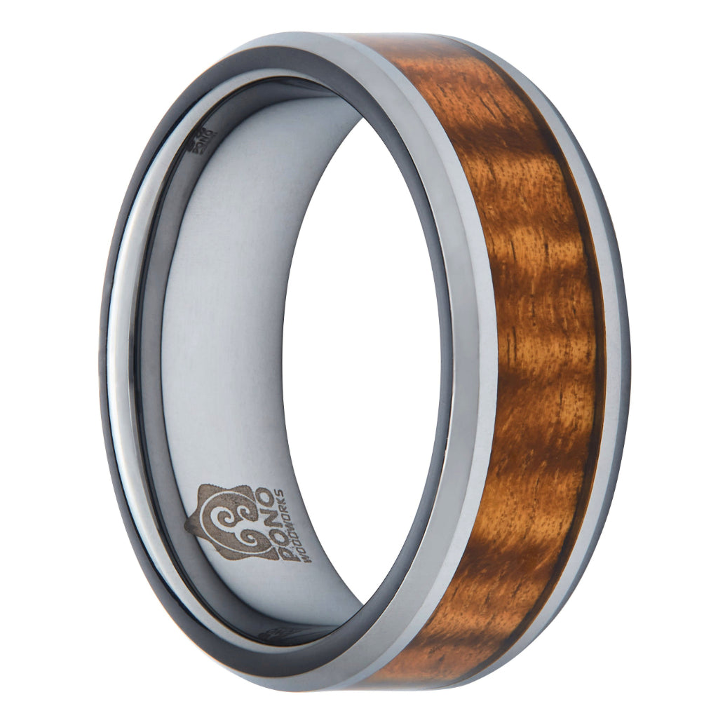 8mm wide tungsten and spectacular curly grain Koa wood ring