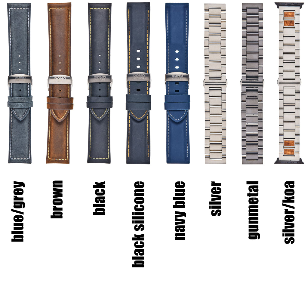 lineup of all the color options of 24mm bands available