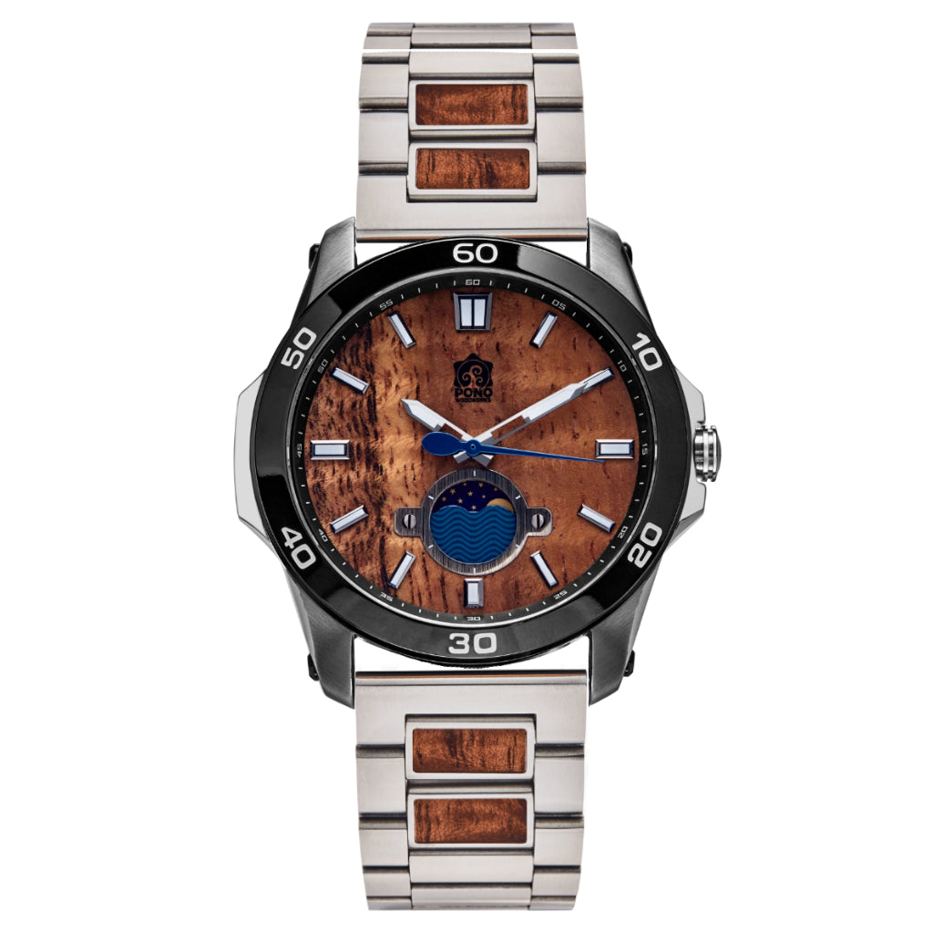 silver body castaway koa wood watch showing crown and moonphase design details, stainless steel and koa inlay band
