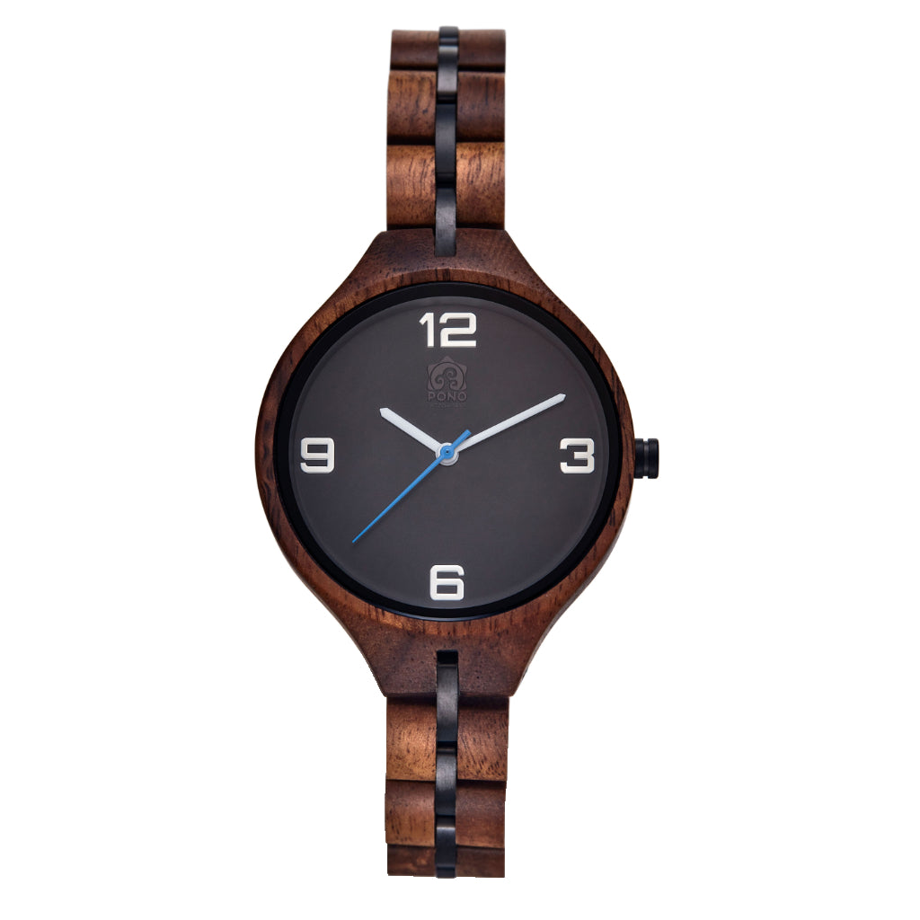 front view solid koa women's watch, black minimalist face, gunmetal stringer